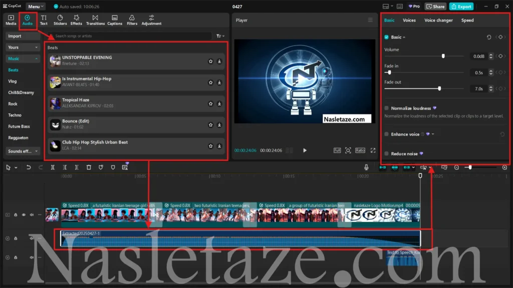 اضافه کردن آهنگ در محیط Capcut