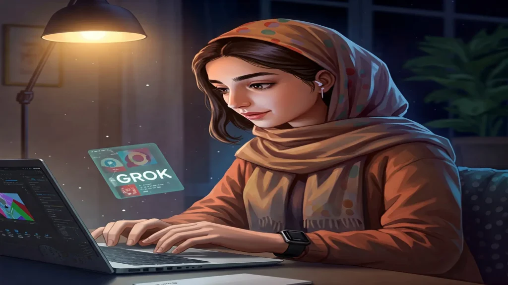 دانشآموز خانم یا کاربر ایرانی خانم که در حال استفاده از Grok با رابط فارسی روی لپتاپ است