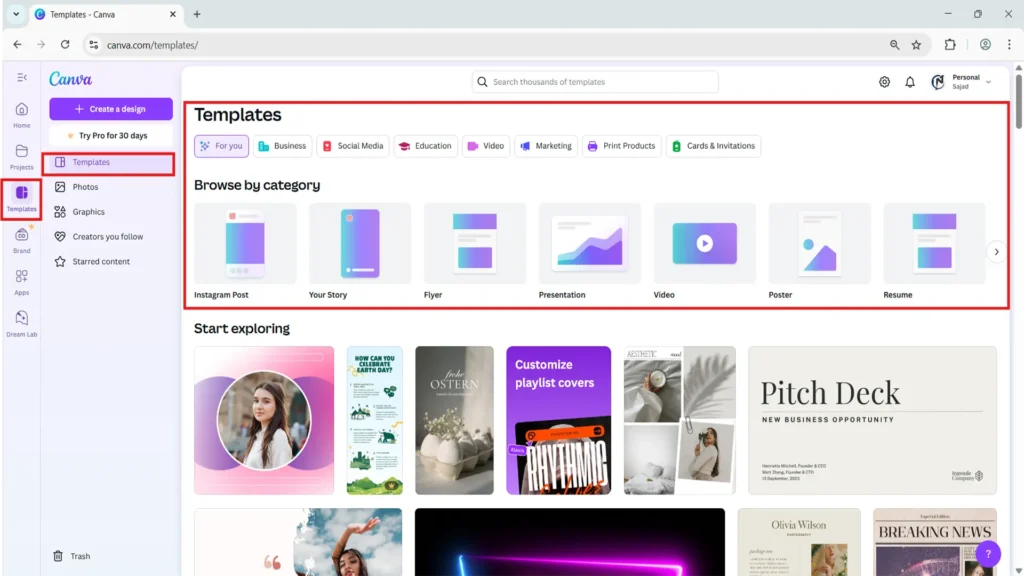 انتخاب تمپلیت Template مناسب در طراحی پست اینستاگرام فارسی با Canva