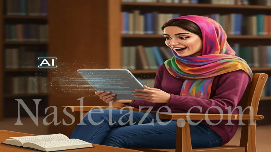 خلاصه سازی با هوش مصنوعی. دختری دانشجو در کتابخانه خوشحال از این ویژگی