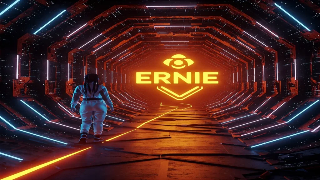 شخصی که در یک تونل دیجیتالی به سمت لوگوی درخشان ERNIE قدم برمیدارد، مفهومی و آیندهنگر