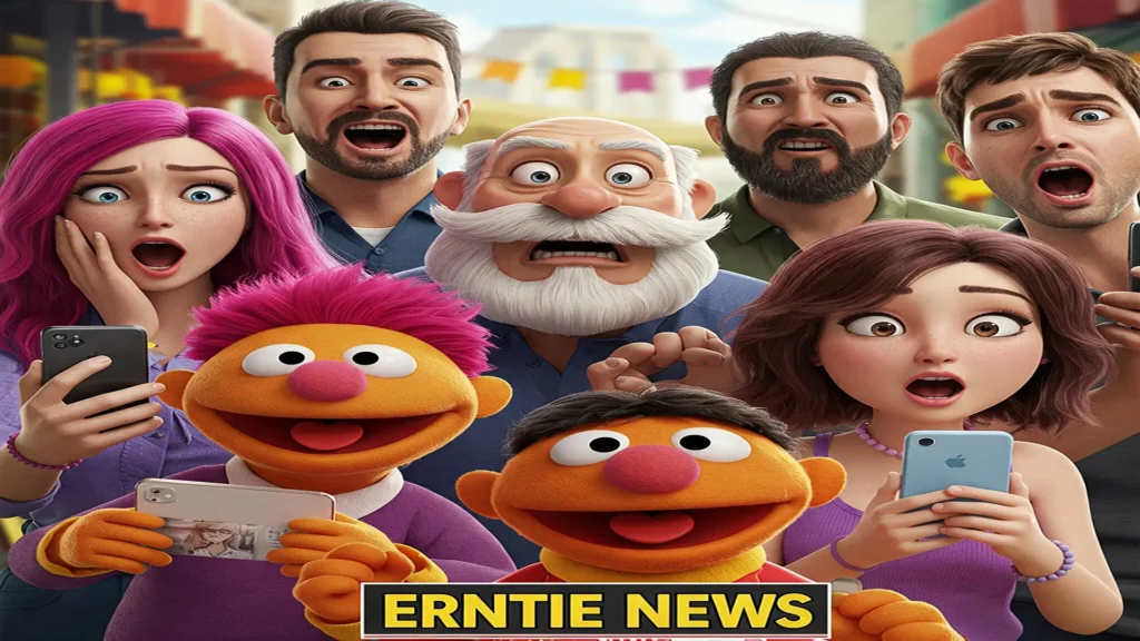 تصویر ترکیبی از افراد واقعی و کارتونی که با گوشی هوشمند خود در حال واکنش به اخبار ERNIE هستند
