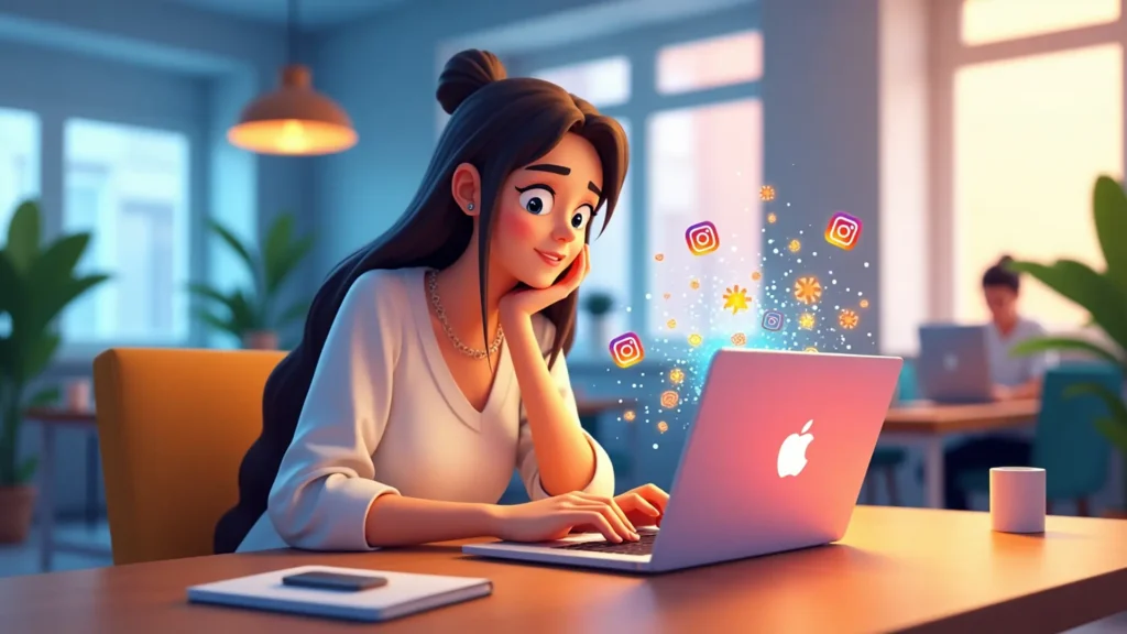 دختری در حال محتوای اینستاگرامی با ChatGPT همراه با لپ تاپ Apple و در فضای کار اشتراکی