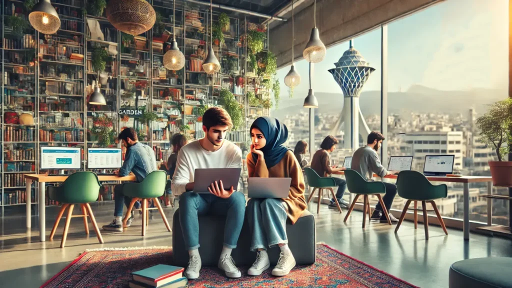 دختر و پسر جوان ایرانی در حال کسب درآمد از ChatGPT برای ایرانی ها در فضای کار اشتراکی با نمایی از برج میلاد تهران