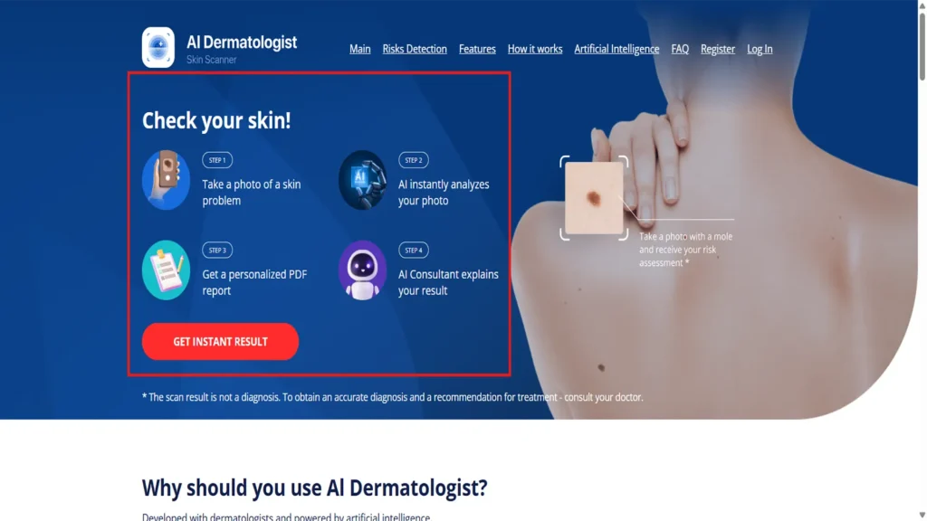 بهترین ابزارهای رایگان بررسی پوست با هوش مصنوعی. محیط ابزار تحت وب AI Dermatologist Web