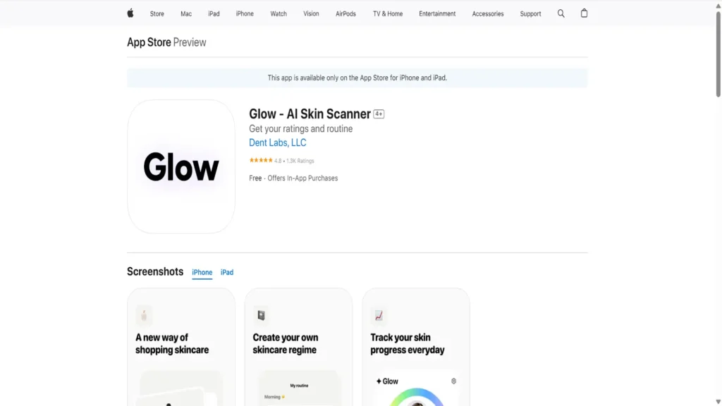 بهترین ابزارهای رایگان بررسی پوست با هوش مصنوعی. محیط اپلیکیشن اپل IOS Glow-AI Skin Scanner