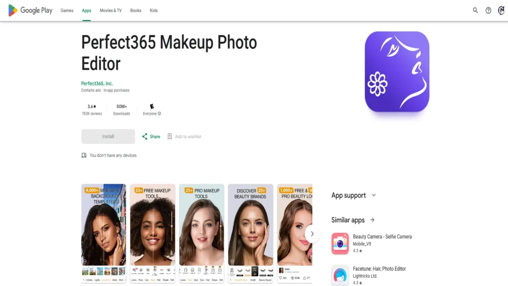 بهترین اپلیکیشن های رایگان آرایش مجازی با هوش مصنوعی. صفحه گوگل پلی دانلود اپ Perfect365 Makeup Photo Editor