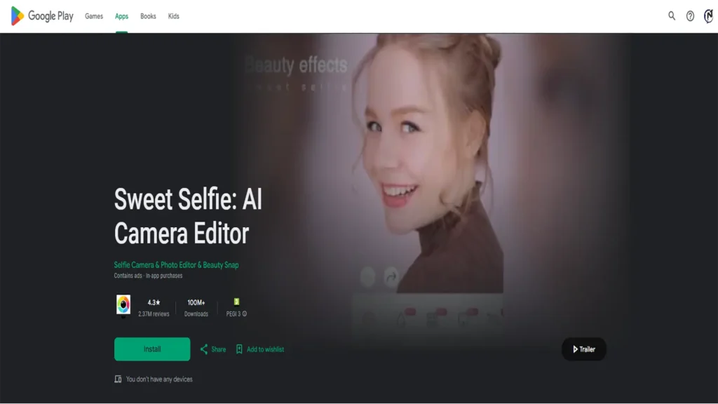بهترین اپلیکیشن های رایگان آرایش مجازی با هوش مصنوعی. صفحه گوگل پلی دانلود Sweet Selfie AI Camera Editor